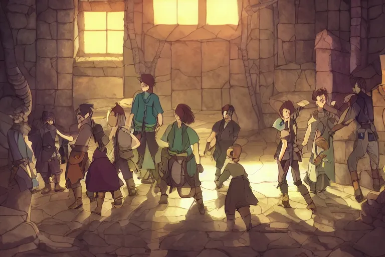 Prompt: cell shaded key visual of a group of adventurers in a dungeon, dramatic lighting, in the style of studio ghibli, moebius, makoto shinkai,