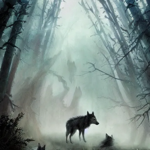 Image similar to aspectacular moody fantasy painting, spectral figures coming out of the fog with their pack of wolves, leaves and feathers twisted in their hair, moss growing on their clothes, destructive magic pulsing at their fingertips, cgsociety art