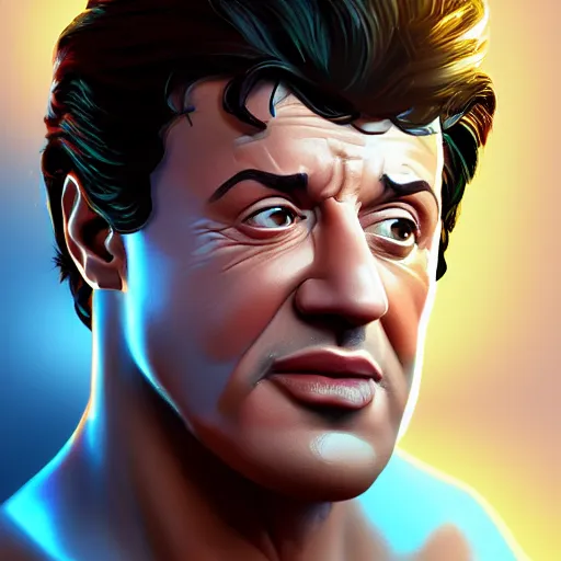 Prompt: portrait of a robotic sylvester stallone, mattepainting concept blizzard pixar maya engine on stylized background splash comics global illumination lighting artstation lois van baarle, ilya kuvshinov, rossdraws