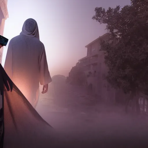 Image similar to a jinn lurking behind a muslim, digital art, realistic, unreal engine 4