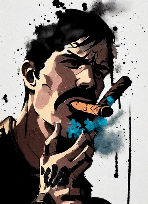 Image similar to highly detailed closeup of a moody solid snake smoking a cigar by atey ghailan, by greg rutkowski, by greg tocchini, by james gilleard, by joe fenton, by kaethe butcher, gradient, blue, black, brown and white color scheme muted tones, grunge aesthetic!!! white graffiti tag wall background