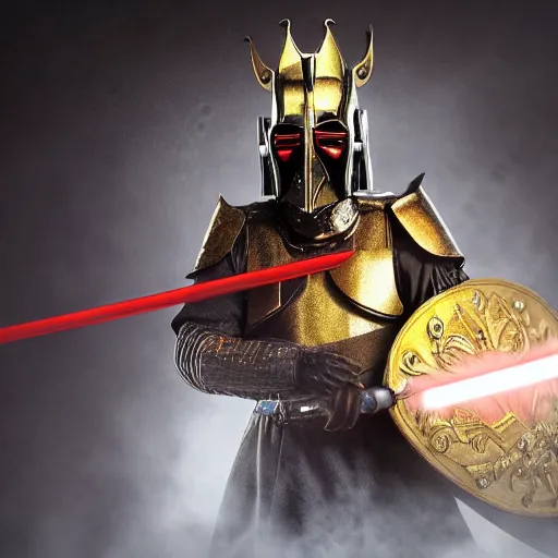 Prompt: an 8 k macro 8 0 mm telephoto studio lit hi res photo of a zardoz boba fet darth maul rat prince wearing shinning king arthur golden armor helmet best plate arm guards and holding a shield and spear. volumetric lighting god rays sacred magic floating rat knight warrior. nature photography. national geographic
