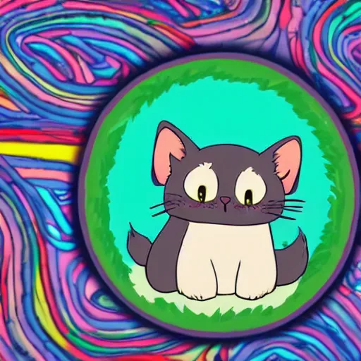 Image similar to a tiny round cat with rainbow fur and multicolored eyes underneath the Eiffel tower in paris in the style of studio ghibli, chibi, cute, adorable