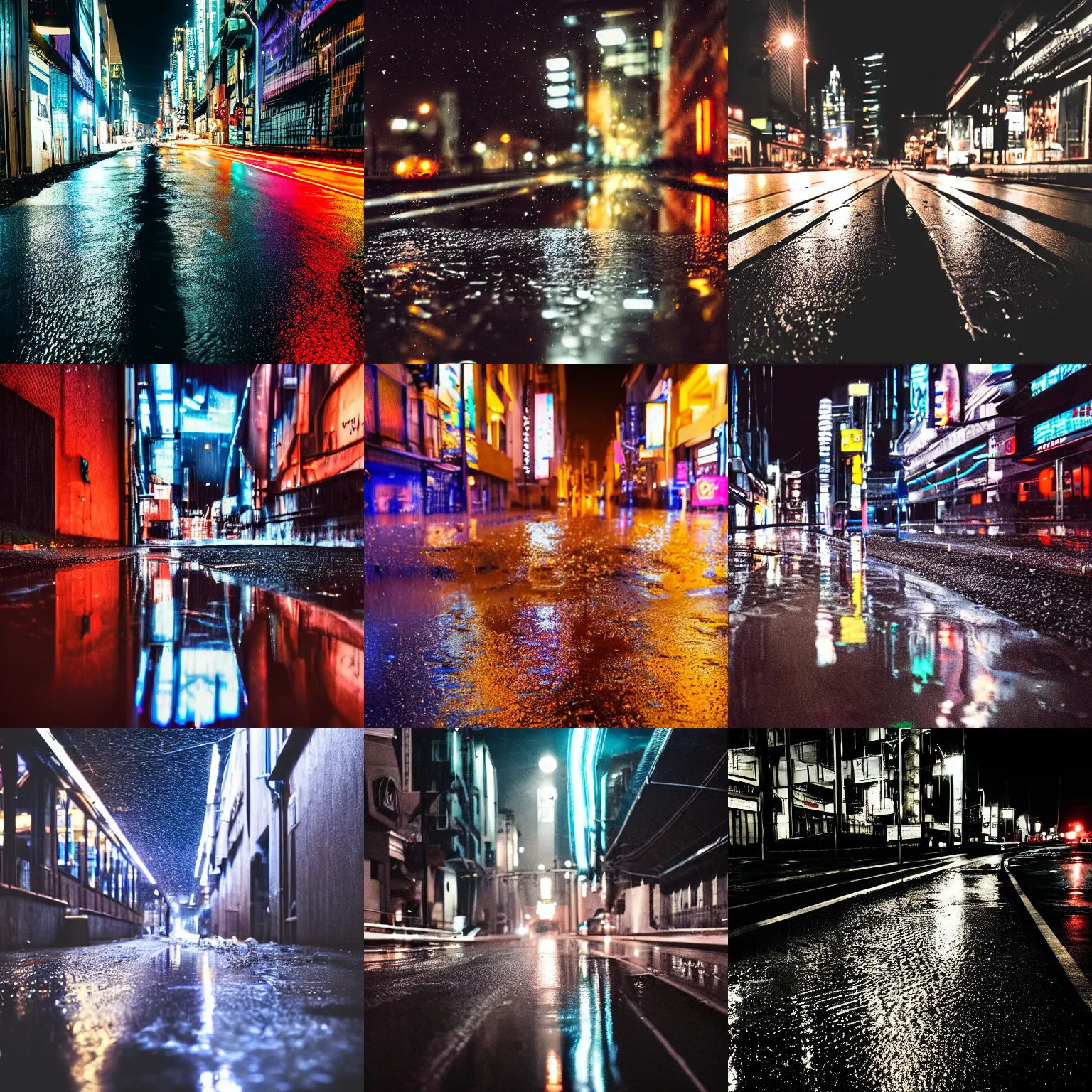 Prompt: A photography of a road water puddle, cyberpunk city, night, rain