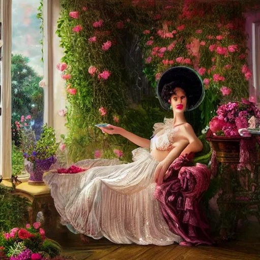 Prompt: 4K oil painting, fantasy, glow, shimmer, beautiful black victorian woman in a long white frilly lace dress and a large white hat, cow hoof feet, having tea in a sunroom filled with flowers, roses and lush fern flowers ,intricate, night, highly detailed, shows a leg,dramatic lighting