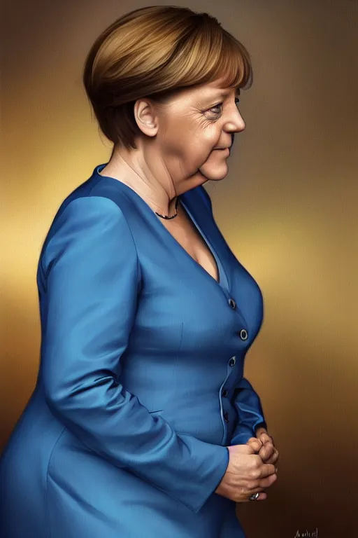 Image similar to angela merkel in a thin blue dress, realistic portrait, symmetrical, highly detailed, digital painting, artstation, concept art, smooth, sharp focus, illustration, cinematic lighting, art by artgerm and greg rutkowski and alphonse mucha