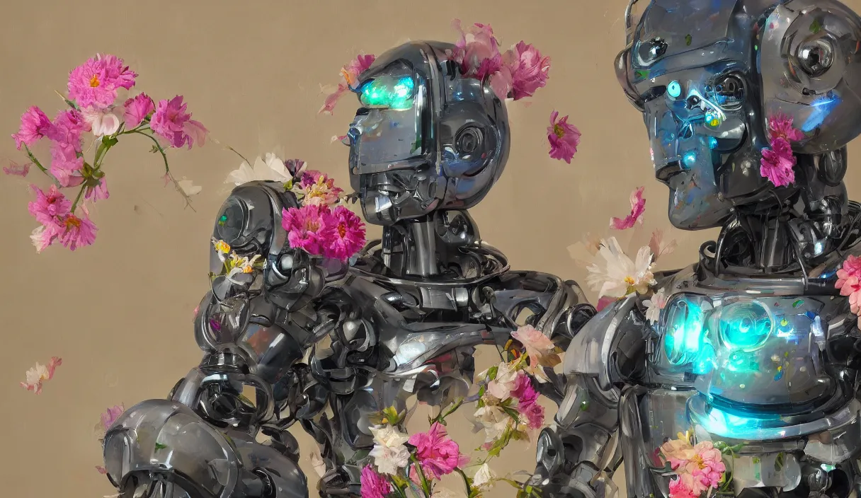 Image similar to A robot with flowers painting a beautiful artwork of himself, oil painting, digital art trending on artstation