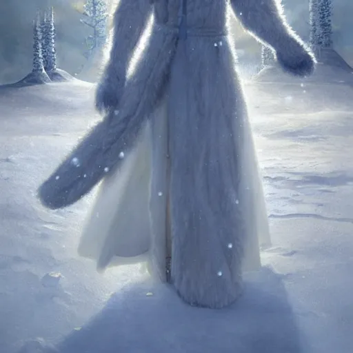 Image similar to a hyperrealistic illustration of a human in the Arctic, white long clothes, snow on the body, blue transparent ice with fractal sunlight, award-winning, masterpiece, in the style of Tom Bagshaw, Cedric Peyravernay, Peter Mohrbacher