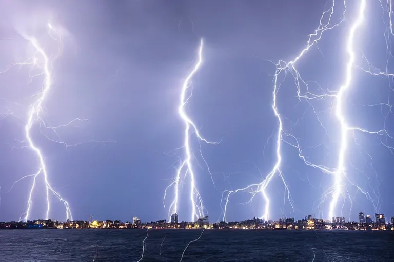 Image similar to multiple water tornado in the city, lightning strikes, ultra realistic, photorealistic, highly detailed, sharp focus, vivid, colorful