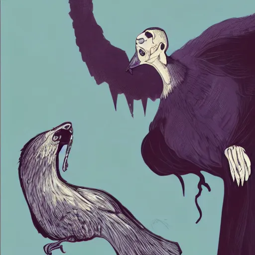 Prompt: a beautiful performance art of a man, with an animal skull for a head, and a large bird perched on his shoulder. the man is looking up at the bird with a fierce expression, and the bird is looking back at him with what seems to be an equally intense gaze. pale violet, concept art world by kuno veeber composed