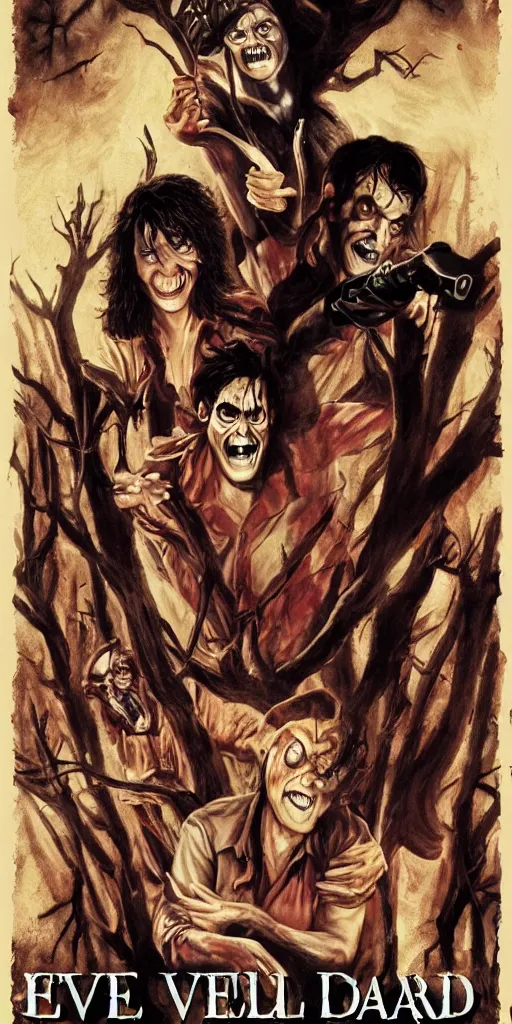 Prompt: evil dead movie poster, comedy movie, funny, laughing, 8 0 s