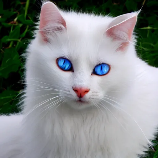 Prompt: cute white fluffy cate with heterochromia eyes