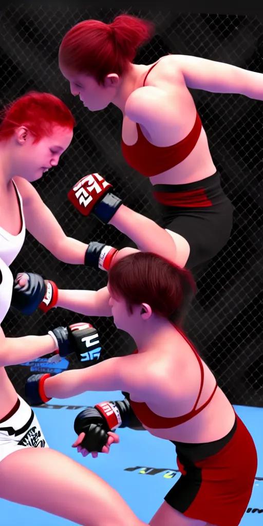 Prompt: two girls fighting mma, hyperrealistic painting, detailed, 4 k resolution, unreal engine