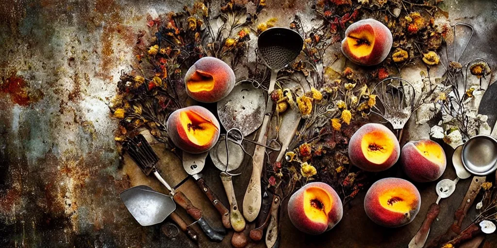 Image similar to decaying rotting peaches, moldy, on an antique distressed table top, dried flowers, metal kitchen utensils, old kitchen backdrop, dark kitchen, style by peter lippmann, intricate detail,