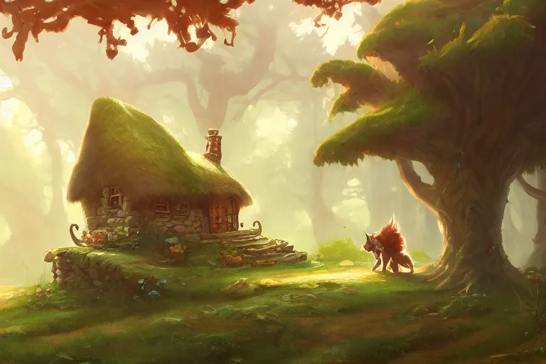 Image similar to a painting of a little cottage sitting on the back of a giant wolf that is walking through a magical forest, by andreas rocha, trending on artstation