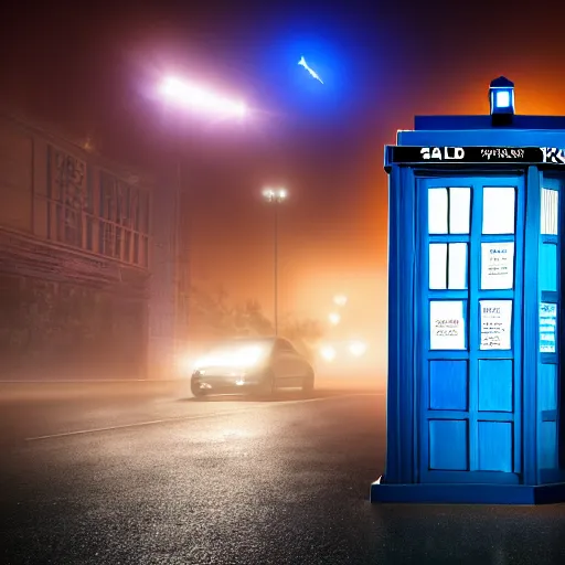 Image similar to a hyperdetailed photograph of the tardis sat on a futuristic street corner, night, dense fog, rain, hd, 8 k resolution