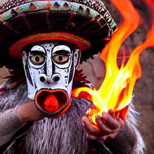 Image similar to an aztec monk with a monster mask is holding mushrooms in one hand, fire as the light source, close-up photography, dramatic scene