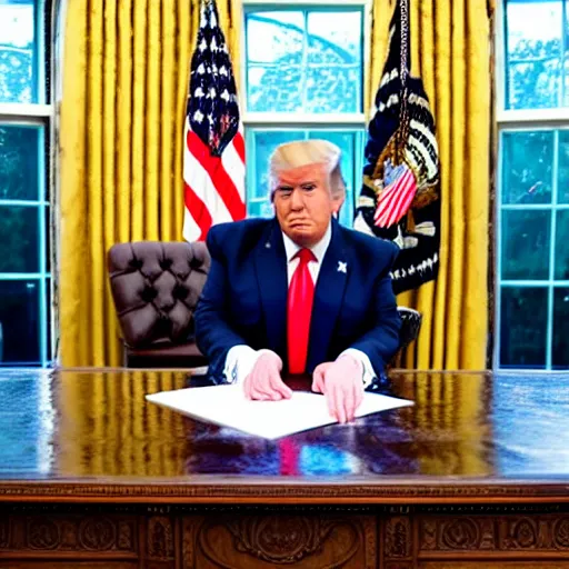 Image similar to trump sits at the resolute desk as a rainstorm fills up the oval office with water. Award winning portrait.