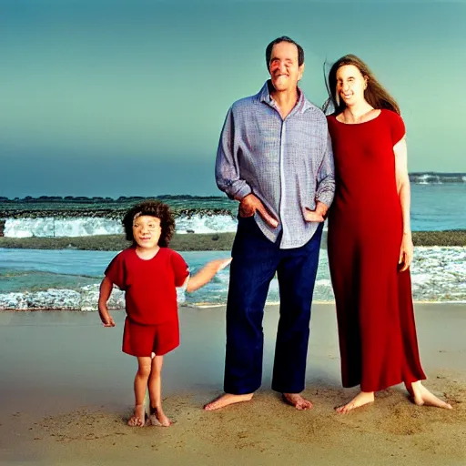 Prompt: portrait of a happy family at the beach wearing clothes, outdoor lighting, realistic, smooth face, perfect eyes, wide angle, sharp focus, high quality, professional photography, photo by annie leibovitz, mark mann