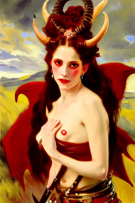 Image similar to painted close - up portrait of a attractive red - skinned intimidating demon girl with ram horns! oil painting, wearing a noblewoman's outfit, fantasy art by john singer sargent and gaston bussiere, demon noble character design, hd