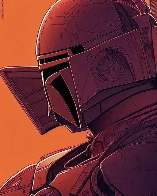 Prompt: closeup potrait of the mandalorian in a battle, intricate, volumetric lighting, moebius, geof darrow, frank miller, dan mumford, detailed illustration, digital art, victo ngai, kilian eng, frank miller, moebius, dan mumford, action pose, off angle camera tilt, vector art