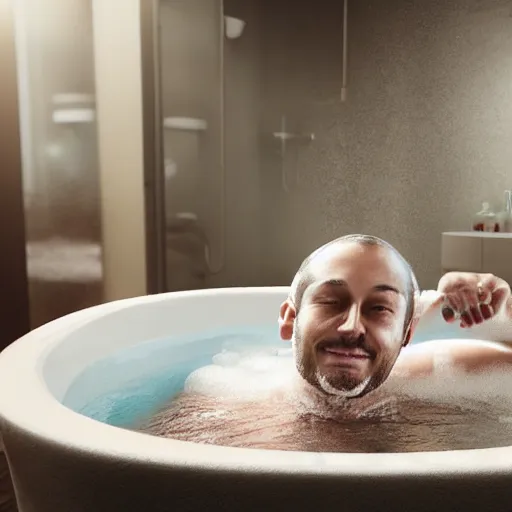 Image similar to man bathing in a tub full of nutella, dslr, 8 k, octane beautifully detailed render, cold lighting, cinematic lighting, detailed photo, masterpiece, volumetric lighting, ultra realistic, highly detailed, high quality, lossless, photorealistic