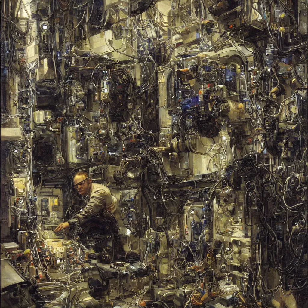 Prompt: painting by donato giancola, portrait of a cyberpunk technician engineer