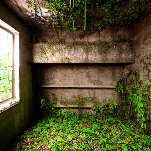 Image similar to abandoned, overgrown, underground bunker. jungle room.