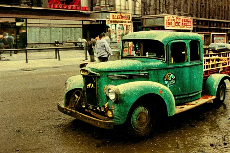 Prompt: street photography by saul leiter and fred herzog and william eggleston, award winning photo of an ultra detailed intricate dirty vintage truck speeding very fast on mud, fast shutter speed, motion blur, tiny gaussian blur, highly detailed, highly intricate, depth of field, trending on top gear
