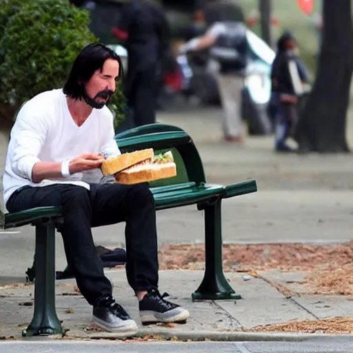 Image similar to Keanu Reeves eating sandwich on park bench