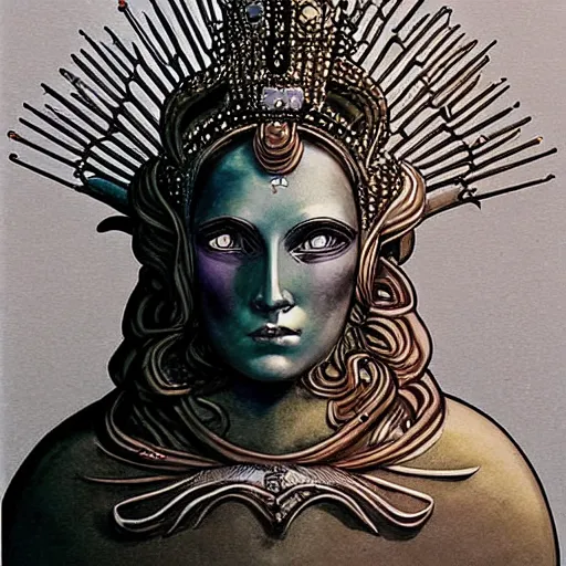 Prompt: artemixel, the modern reincarnation of the old selenium god of hunt, also known as artemis the selene, carrying the celebrated crown of the crescent moon wich its usual bright and slightly bluish crescent like the brightness of the night. close - up portrait by moebius, character designed, detailed sci - fi concept art