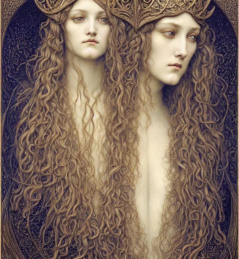 Image similar to detailed realistic beautiful young medieval queen face portrait by jean delville, gustave dore and marco mazzoni, art nouveau, symbolist, visionary, gothic, pre - raphaelite. horizontal symmetry