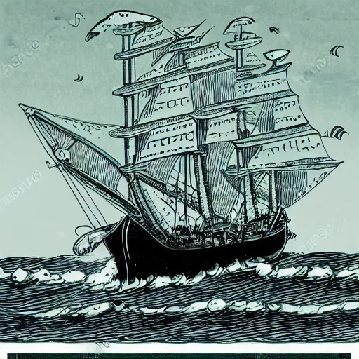 Image similar to detailed golden age illustration of a pirate ship on the ocean