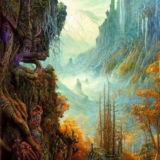Prompt: a beautiful and highly detailed fantasy painting of a magical gerden deep in the misty mountains, intricate details, epic scale, insanely complex, 8 k, sharp focus, hyperrealism, fantasy landscape, psychedelic patterns, by caspar friedrich and james gurney,