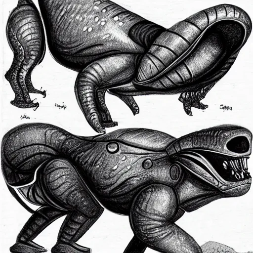 Prompt: a sketch of alien animals from another planet, found in the logbook of an explorer