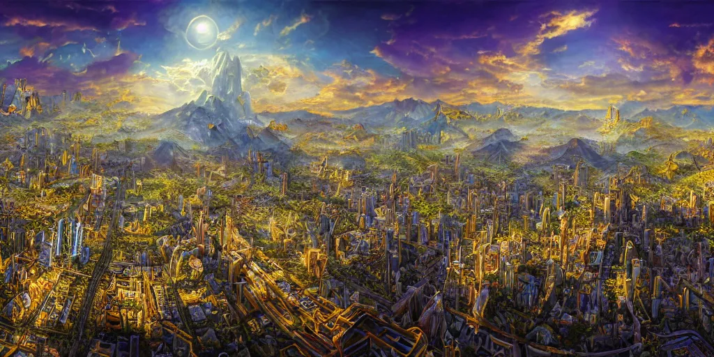 Image similar to balanced fantasy masterpiece, bird's eye vista view, high - tech atlantean civilization, mayan, chrome, gold, amethyst, highrise city, extremely detailed, distant mountains, bright clouds, luminous sky, bright cinematic lighting, michael cheval, michael whelan, airbrush digital oil painting, vray, 8 k hd