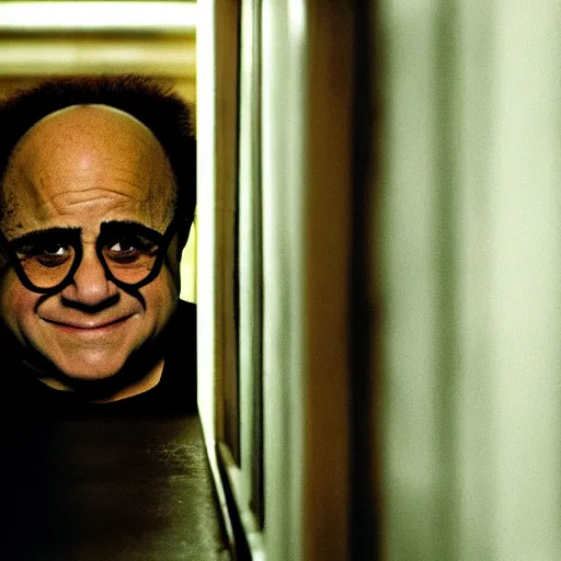 Image similar to danny devito staring at you from the other end of a dark corridor, the backrooms, kubric stare, scary, cinematic camera, hd