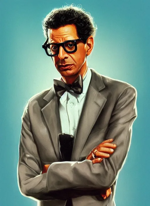 Image similar to portrait of Jeff Goldblum in The Fly (1986), highly detailed, centered, solid color background, digital painting, artstation, concept art, smooth, sharp focus, illustration, Basil Gogos, Joseph Christian Leyendecker, Les Edwards, Ed Repka, WLOP, Artgerm