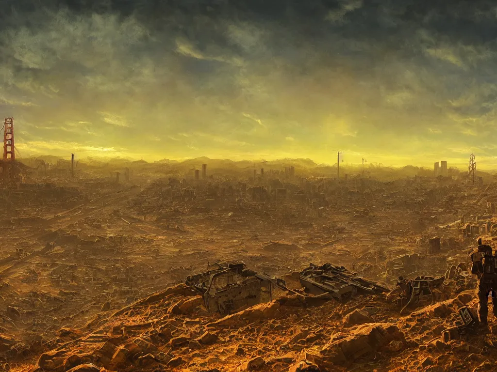Prompt: a post apocalyptic landscape of san francisco after a nuclear war, view from nob hill, beautiful radioactive sunset lighting, beautiful painting, fallout 3, painted by albert bierstadt