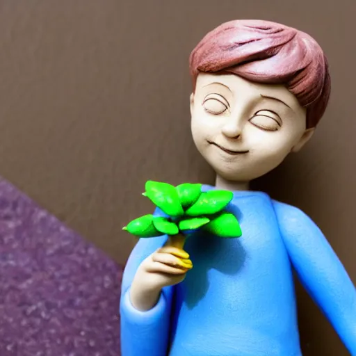 Image similar to the little prince smiling with a purple flower on his hand. made of clay