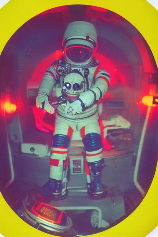 Prompt: astronaut raptor with neon glowing skull, 1 9 6 0 s, color bleed, ektachrome photograph, volumetric lighting, f 8 aperture, cinematic eastman 5 3 8 4 film stanley kubrick