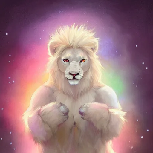 Prompt: aesthetic portrait commission of a albino male furry anthro lion surrounded by soft pastel rainbows while wearing a soft wizard outfit, winter Atmosphere. Character design by charlie bowater, ross tran, artgerm, and makoto shinkai, detailed, inked, western comic book art, 2021 award winning painting