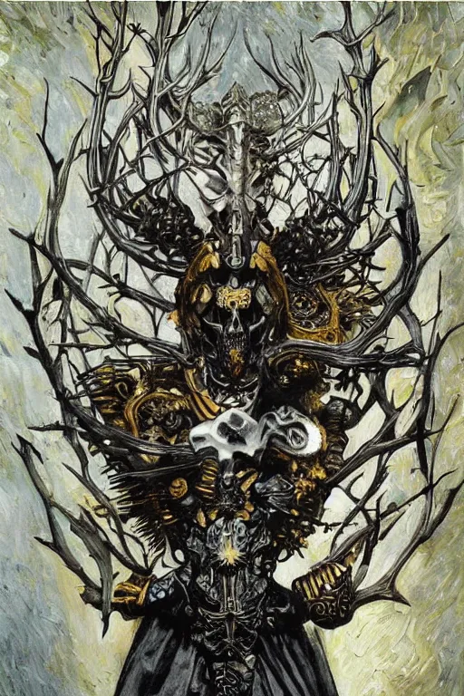 Prompt: The Knight of Bones by Karol Bak, Jean Deville, Gustav Klimt, and Vincent Van Gogh, portrait of a handsome vampire knight in armor, piercing grey eyes, ornate armor covered in thorns, bat wings, ornate dramatic bat wing helmet, mystic eye, otherworldly, skulls, fractal structures, arcane, inscribed runes, infernal relics, ornate gilded medieval icon, third eye, spirals