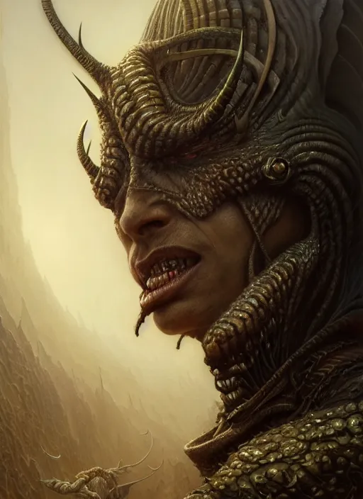 Image similar to closeup portrait shot of a demon hunter in a scenic dystopian environment, intricate, elegant, highly detailed, centered, digital painting, artstation, concept art, smooth, sharp focus, illustration, artgerm, tomasz alen kopera, peter mohrbacher, donato giancola, joseph christian leyendecker, wlop, boris vallejo