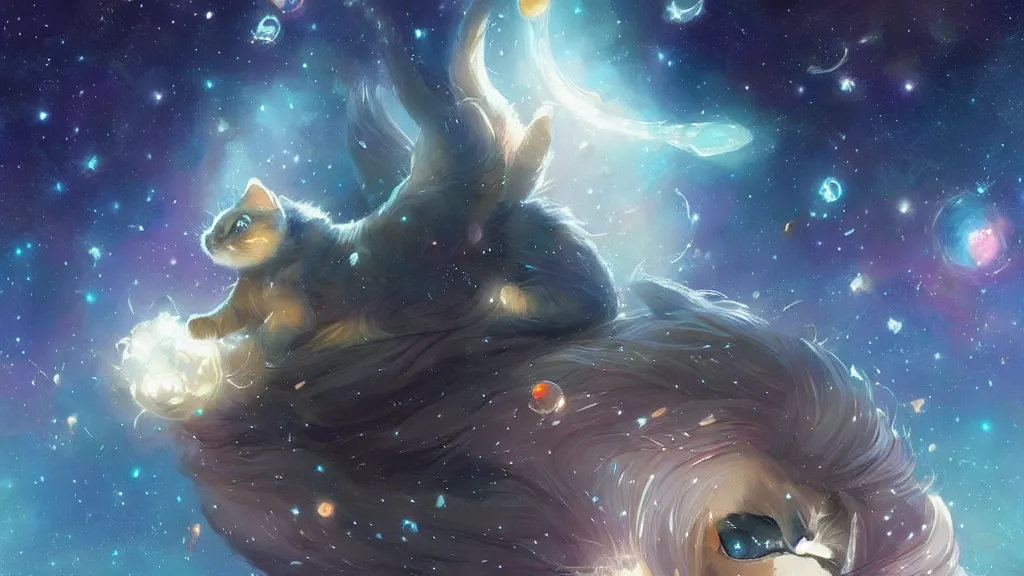 Image similar to cosmic kitty floating in space, bright stars, anime, a fantasy digital painting by Greg Rutkowski and James Gurney, trending on Artstation, highly detailed