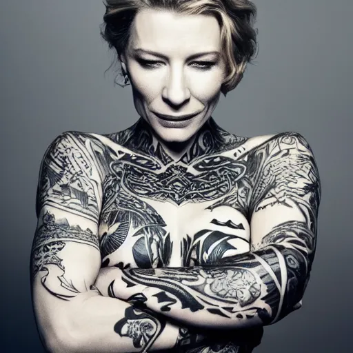 Prompt: high resolution image of cate blanchett with full body maori tattoos , highly detailed, photorealistic, 4k