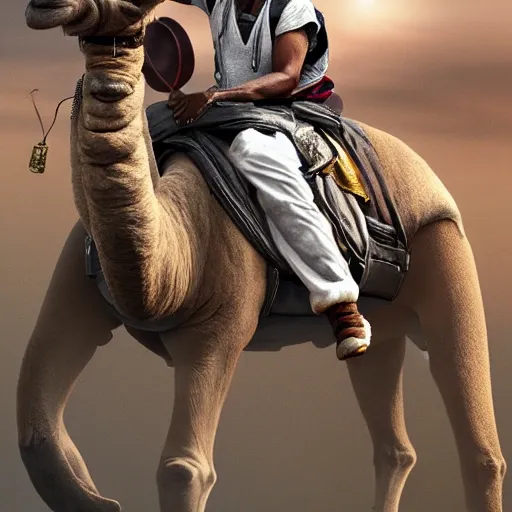 Prompt: close up of jay - z riding a camel through brooklyn new york, yankee baseball hat, fantasy, matte painting, highly detailed, artstation