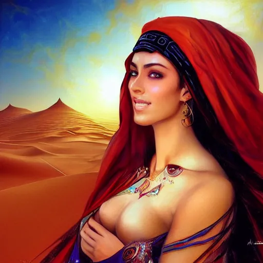 Image similar to a beautiful arabian woman in the sahara desert by karol bak, ayami kojima, artgerm, arabian beauty, blue eyes, smile, concept art, fantasy