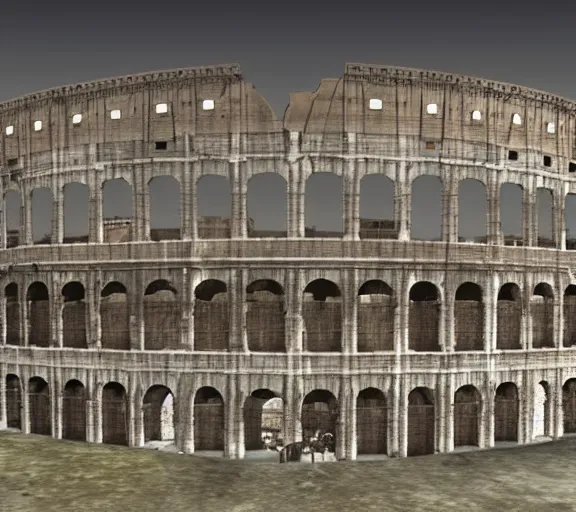 Image similar to Render of a reconstruction of Colosseum in Rome, screenshot from Fallout: New Vegas (2010)