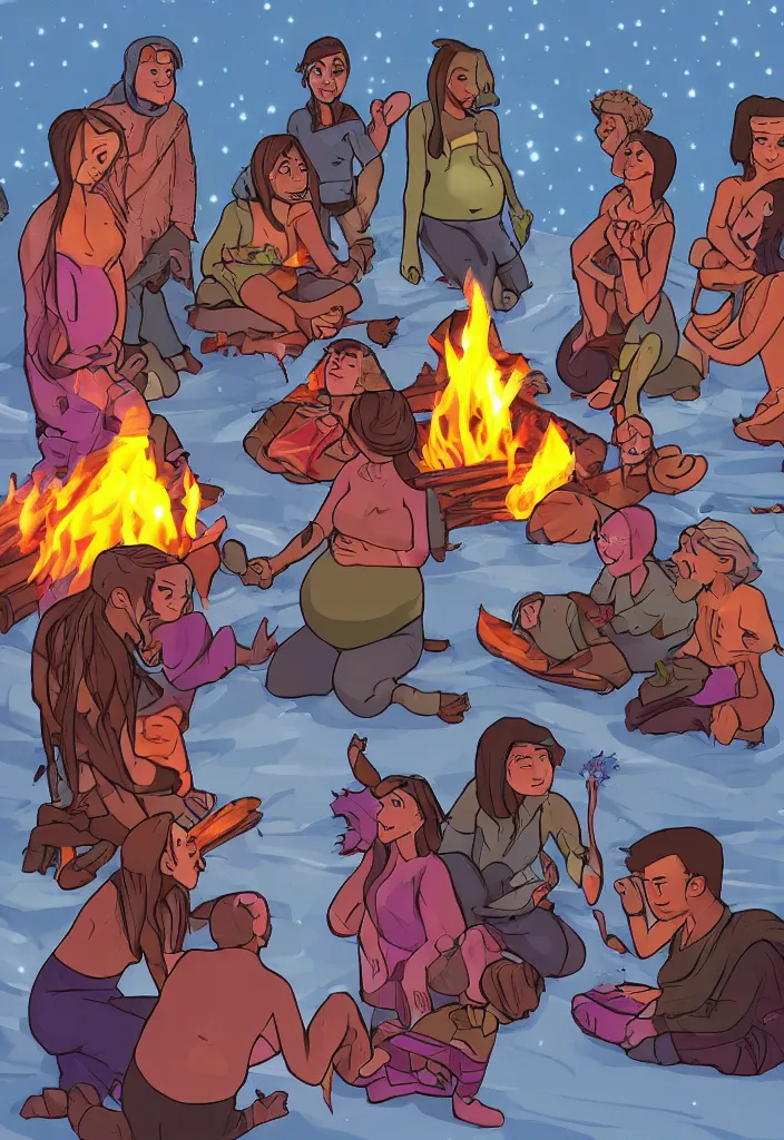 Prompt: realistic tribe gather around a bonfire with a pregnant woman as her leader, intense blue eyes, realistic, antartic night, aerial race